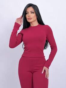 Ana Ruga Cropped Long Sleeve Simple None Beach Set - Rojo quemado - Ver 5