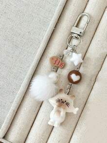 1 件女式新款韩国可爱卡通猫钥匙扣心形毛绒球星串珠配件手机绳包饰情侣/好友礼物背包装饰钥匙扣包包汽车配饰女士 - 彩色 - 查看 3