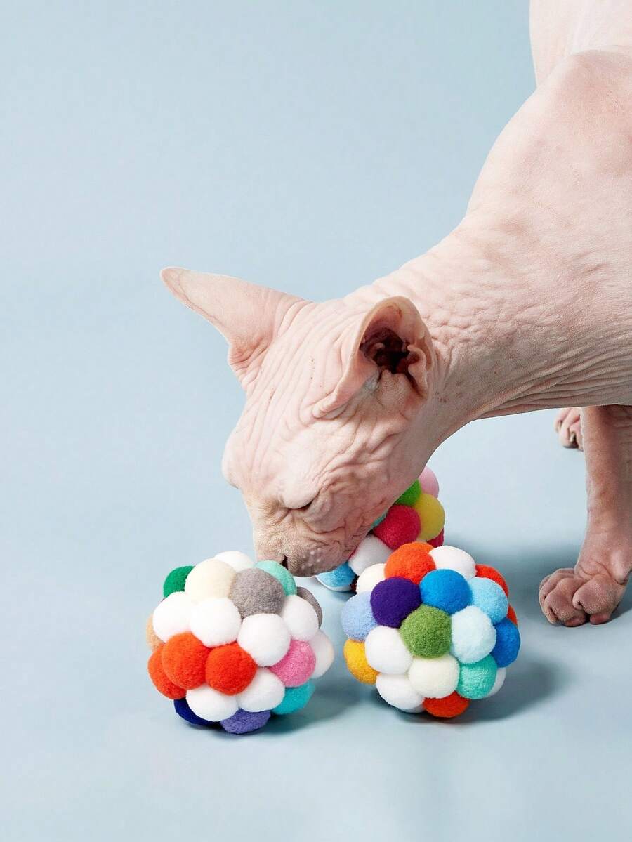 PETSIN 1 个带铃铛的猫玩具球，彩色柔软毛绒球内置铃铛，适合猫咪，适合室内猫和小猫的互动玩耍咀嚼玩具，猫咪绒球圣诞节节日礼物