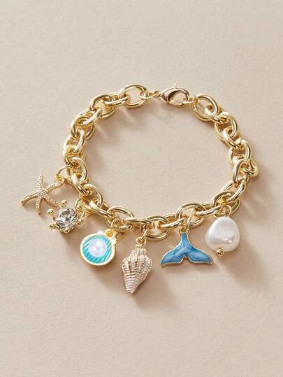 1件夏季时尚度假蓝色油滴贝壳海星手链，女士精致个性化手链，适合日常佩戴、海滩度假、情人节配饰