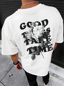 Men's Floral Print Off-Shoulder Slogan T-Shirt - Black - View 8
