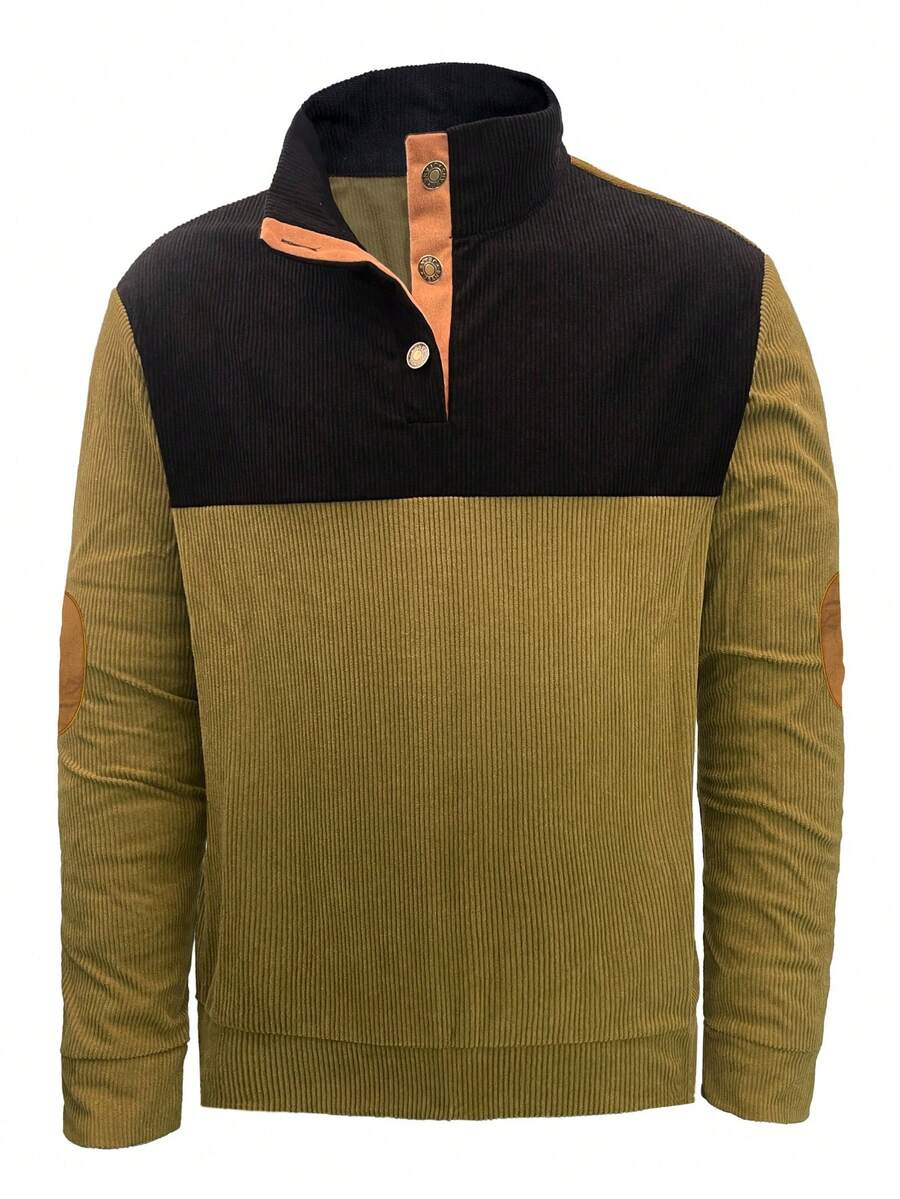 男式拼色灯芯绒休闲半开胸长袖 Polo 衫