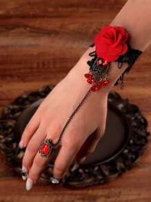 1 Stück Damen Gothic Dunkel Stil Halloween Europäisch und Amerikanisch Retro Spitze Rote Rose Finger Armband