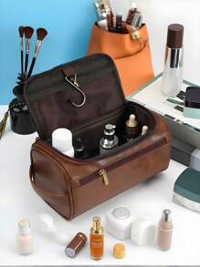 1 Peça, Couro PU, Unissex, Bolsa de Toucador de Viagem Impermeável de Camada Dupla, Bolsa de Barbear de Grande Capacidade - Perfeita para Produtos de Higiene e Beleza Essenciais, Viagens de Negócios e Férias, Bolsa de Toucador, Essenciais de Viagem de Verão, Durável, Perfeita para Férias na Praia, Suprimentos Escolares de Férias, Itens Essenciais para Dormitório, Volta às Aulas