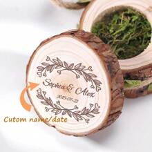 1pc Customized Wedding Ring Box, Rustic Wooden Round Ring Holder With Engraved Name And Date