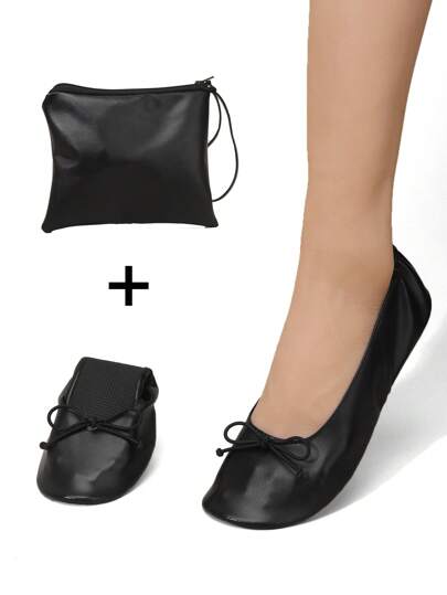 Women's New Classic Black Soft & Comfortable Elastic Bow Ballet Flats With Foldable Soft Sole, Comes With Matching Color Tote Bag, Slip-On Ballet Flat Backup Shoes