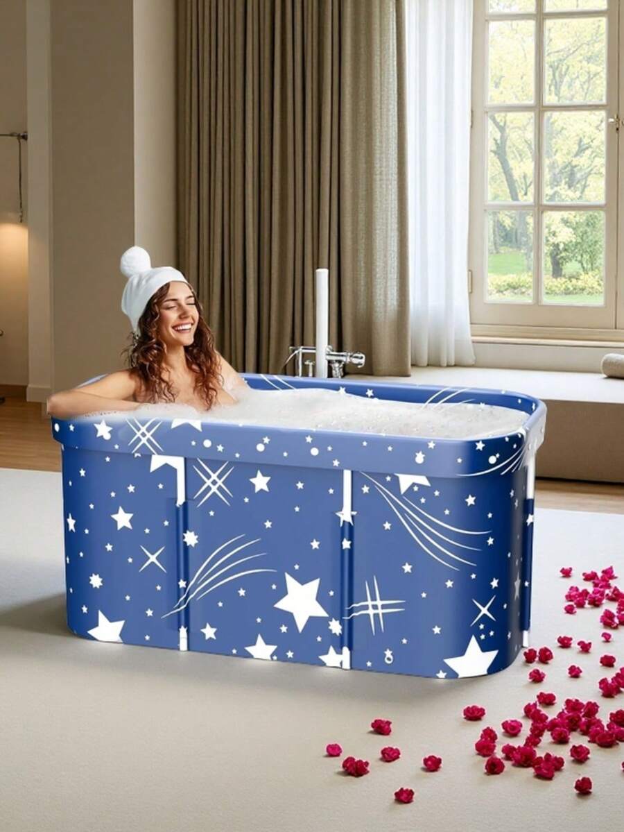 New 1 Piece Portable Large Adult Folding Bathtub; Independent Surround Folding Bathtub; Family Shower Room SPA Bathtub; Suitable For Hot/Ice Bath; Thickened Fullbody Soak SPA Bucket. - 藍色 - 查看 1