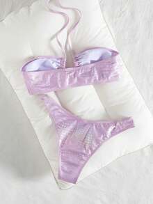 wohenmeili 时尚新款亮面印花性感比基尼女式两件套，配可爱星星配饰，个性化沙滩派对泳装 - 淺粉色 - 查看 5