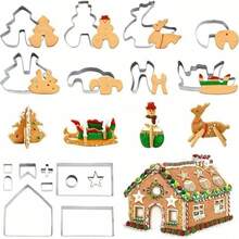 Conjunto de confeitaria para casa de gengibre com 10/18 peças - casinha pequena de aço inoxidável 3D, boneco de neve, árvore de Natal, cortadores de biscoitos de veado, adequado para o Natal, volta às aulas, dia dos namorados, festa de aniversário - sobremesas de Natal faça você mesmo para restaurantes, food trucks e padarias, decorações de Natal, pijamas de Natal, presentes de Natal, decoração de Natal - Prata - Ver 13