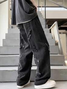 Teen Boy's Fashionable Cross Embroidered Straight Leg Jeans - Black - View 3