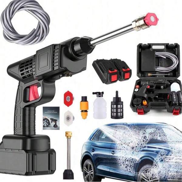 Lavadora de alta pressão sem fio com 2 baterias, lavadora portátil de alta potência com 2 baterias recarregáveis, pistola de água elétrica portátil para lavagem de carros e limpeza de pisos de cercas, bico 6 em 1, conector para torneira, conector para garrafa, mangueira de 5 m. Lavadora de alta pressão elétrica para limpeza de pisos de carros/jardins e irrigação.