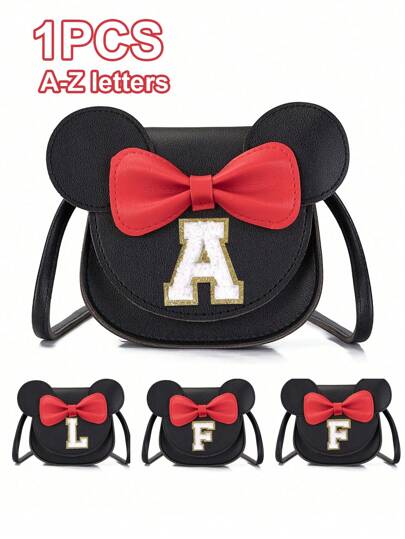 1 件 A-Z 26 个字母迷人玫瑰鼠耳蝴蝶结斜挎包，适合 3-8 岁女孩 - 首字母闪光零钱包，适合女孩返校日常使用