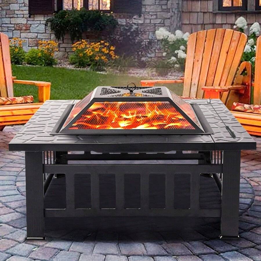 Fire Pits For Outside 32" Wood Burning Fire Pit Tables With Screen Lid Poker BBQ Net Ice Tray Food Clip And Cover Backyard Patio Garden Outdoor Fire Pit Ice Pit BBQ Fire Pit Black - 肉凍 - 查看 1
