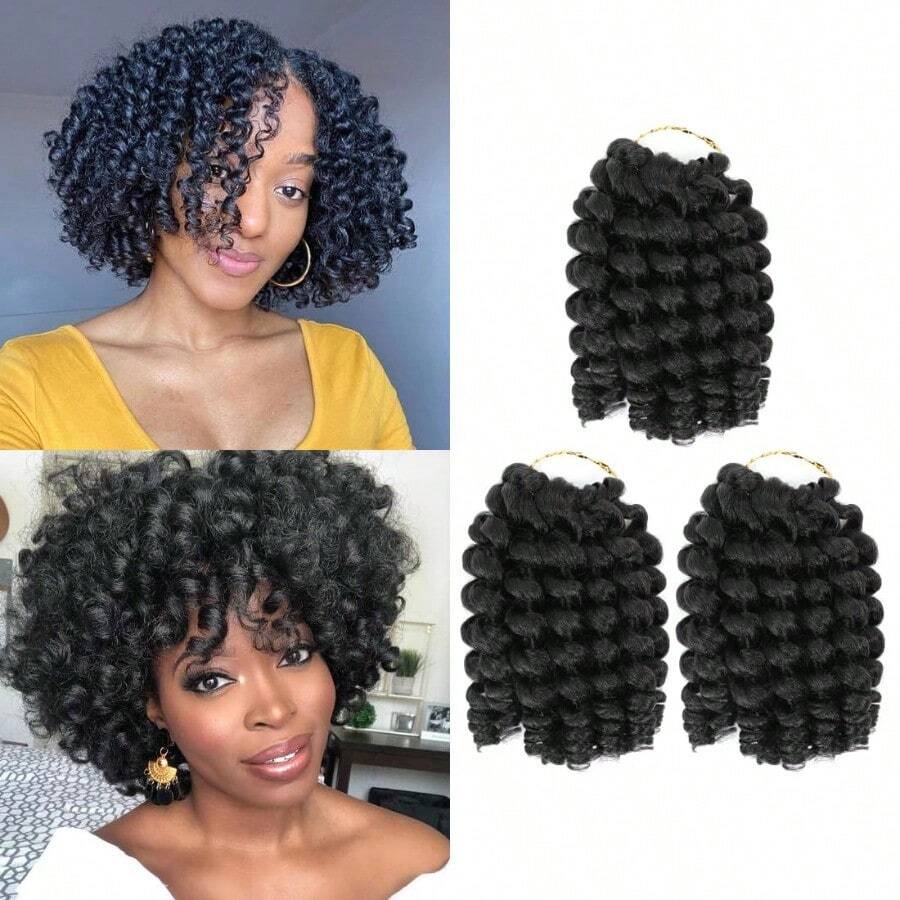 3 paquetes de extensiones de cabello trenzado jamaicano rizado de 8 pulgadas para cabello crochet, rizado de varita saltarina, cabello crochet corto jamaicano de 8 pulgadas (paquete de 3 1B) - 1b - Ver 1