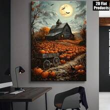 1 Canvas Wall Art Poster - Halloween Farmhouse With Pumpkins, Crows, Full Moon - Orange, Brown, Gray Fall Barn Scene, Indoor/Outdoor Fall Decor For Living Room, Bedroom, Office - Halloween Decor Gift Idea - Farmhouse Halloween Decor, Halloween Home Decor, Seasonal Room Decor, Dramatic Moonlight Scene, Textured Brushstrokes, High Quality Print, Rustic Style Fan, 2D Flat Print Poster, Frameless Painting