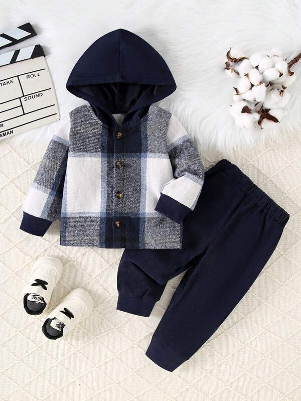 Stylish Toddler Boys 2pcs Set: Color Block Plaid Button Hoodie Jacket + Solid Drawstring Pants, Casual Autumn Winter Outfit