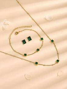 不鏽鋼防水金色與綠色立體切割鋯石項鍊、手鍊、耳環套裝,非常適合女性日常佩戴 - 綠色 - 查看 2