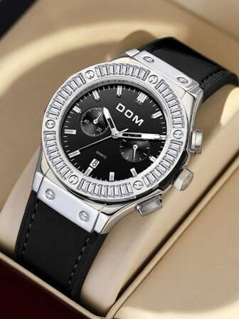 DOM 1pc Women's Fashionable Multi-Function Chronograph Silicone Calendar Quartz Waterproof Watch, Rhinestone Decorated