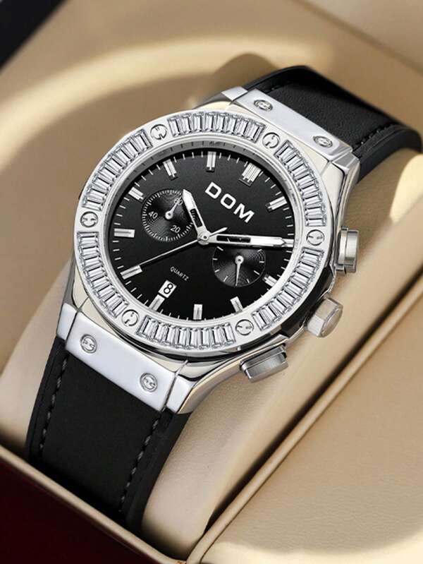 DOM 1pc Women's Fashionable Multi-Function Chronograph Silicone Calendar Quartz Waterproof Watch, Rhinestone Decorated