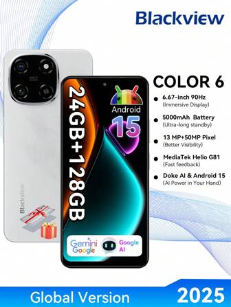 Blackview Color 6 解锁手机 Android 15 智能 AI 手机 (2025)，24GB +128GB/2TB 八核，6.67 英寸显示屏智能手机，5000mAh 电池，50MP 摄像头，4G 双 SIM 卡免费解锁，FaceID，OTG，GPS，3 个插槽（无适配器）- 夏季科技助推器