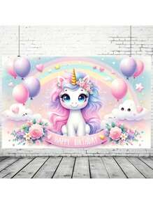 1pc Charming & Attractive Pink Unicorn Birthday Backdrop, Made Of Polyester Fiber, No Power Needed, Suitable For Outdoor Celebration & Magic Decoration