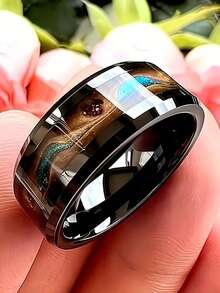 优雅的流沙黑色不锈钢戒指，带有闪亮的蓝色和金色装饰 - 适合周年纪念、求婚和婚礼，男女通用，四季设计，多功能戒指 | 优雅的戒指设计 | 耐用的结婚戒指 - 彩色 - 查看 4