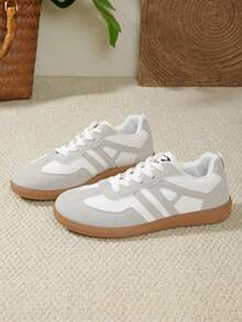 Zapatos casuales multifuncionales de moda para mujer, zapatillas casuales con cordones, puntera redonda, suela de goma, en color bloque negro y caqui, para combinar diariamente, zapatos casuales talla 36-41, de moda, blanco y gris - Blanco - Ver 3