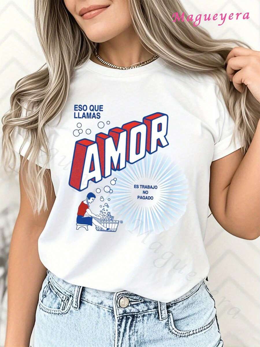 Camiseta de algodón con estampado "Eso que llamas AMOR" casual de moda para mujer - Blanco - Ver 1