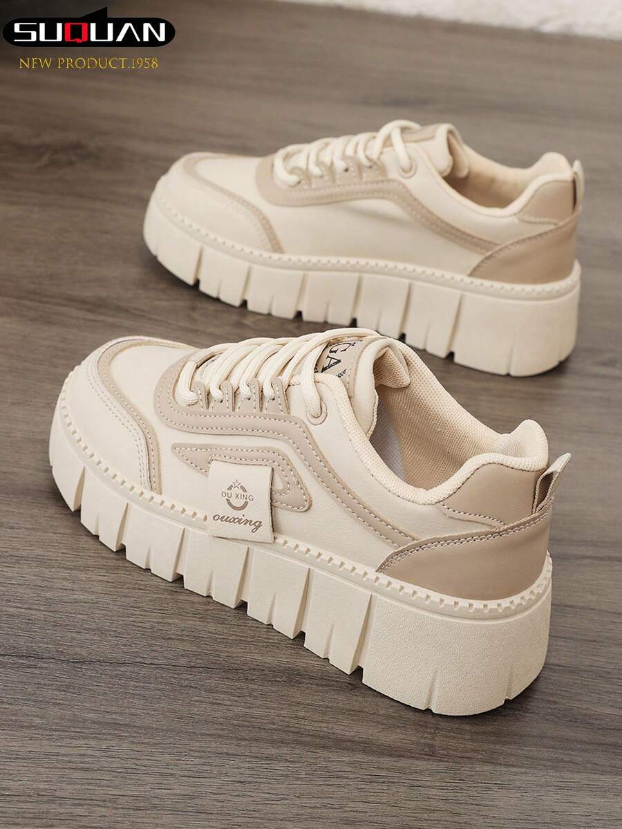 Giày thể thao đế dày cho nữ, giày đế xuồng nhẹ mùa xuân và thu 2025 mới, phù hợp với phong cách thể thao mùa xuân/thu, giày buộc dây màu trắng cho nữ