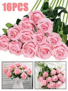 16PCS Artificial Roses Flowers Bouquet, Rayon Flowers Realistic Rose Bouquet With Long Stems, Bride Holding Bouquet, Wedding Decoration, DIY Wreath Materials, Birthday Party Decoration Materials, Home Dining, Living Room, Vase, Outdoor Garden