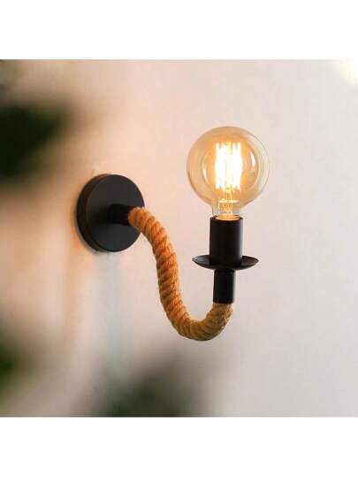 1pc Vintage Hemp Rope Wand Lamp Industrial Wooden E27 Base, Indoor Loft, Outdoor Corridor Bedside ation Bulb Not Included, Easy To Install, Rustic Hard Wired 110 240V, No Battery Required, Durable