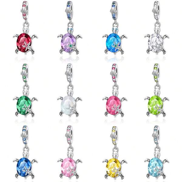 Silver-Plated Birthstone Charm Pendant, Elegant Turtle Shaped Beads Decoration For Bracelet Necklace, Fashionable Birthday Gift For Mom, Women, Family