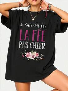Plus Size Women T-Shirt French Text Floral Crew Neck Short Sleeve Casual Spring Summer Fall Vacation Black - Black - View 3
