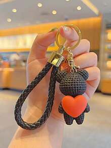 1 件女士粉色创意心形熊和兔子可爱毛绒钥匙扣，精致女友/情侣钥匙扣，手提包吊饰，汽车钥匙扣，日常使用卡通配饰 - 粉色 - 查看 4