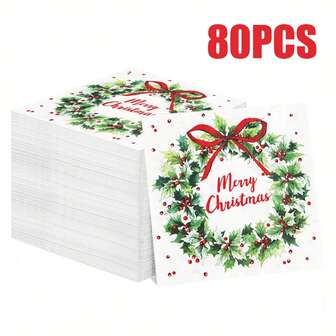 80/40/20pcs 13 * 13 Inch Disposable Christmas Themed Napkins With Red Letters And Green Floral Wreath Pattern, Suitable For Holiday Gatherings, Christmas Parties, New Year And Winter Themed Parties, Western Restaurants, Cafes, Etc