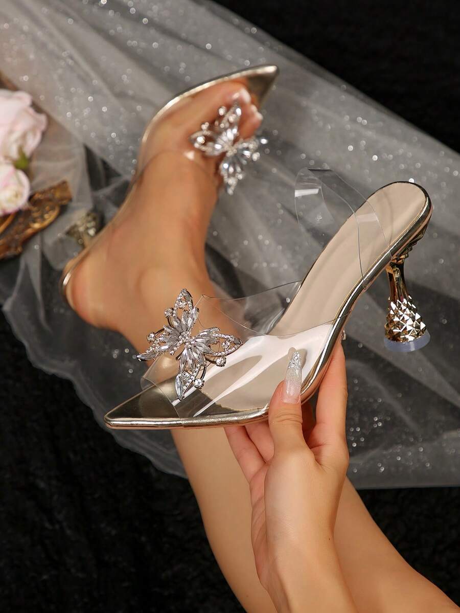 春夏新款女式仙女风水钻蝴蝶透明水晶鞋，尖头魅力优雅派对水晶高跟凉鞋，9厘米高跟凉鞋，女式凉鞋，金色时尚酒杯跟女式凉鞋 - 金色 - 查看 1