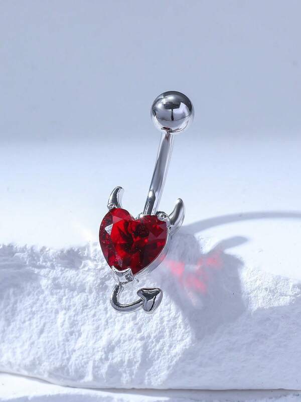 1 pieza Piercing de ombligo plateado en plata con circonita roja, adecuado para señoras en San Valentín, Acción de Gracias, Halloween, Pascua, bar, fiesta en la playa, cumpleaños, uso diario