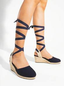 女式包头系带帆布鞋可爱细带凉鞋职业海滩夏季厚底坡跟凉鞋