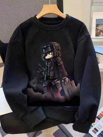 Sweat-shirt-shirt à col rond imprimé avec motif de personnage d'anime pour adolescent - Confortable pull décontracté à manches longues, lavable en machine, essentiel quotidien, style ample, convient aux garçons et aux filles, style de rue, adapté à l'école, aux vacances, aux courses, aux sports et autres occasions