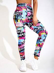 秋冬新品，时尚优雅的女士黑色泼墨印花紧身裤，粉色花卉柔软弹力九分裤，红色爱心字母图案七分紧身裤，适合健身、散步、户外、工作、派对、瑜伽、深蹲、举重、塑身