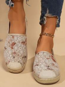 Women's Beige Printed Flat Shoes, Elegant Fashion Ballet Flats, Comfortable Dress Flat Shoes, Soft Lightweight Versatile Espadrille Platform Loafers - Beige - View 6