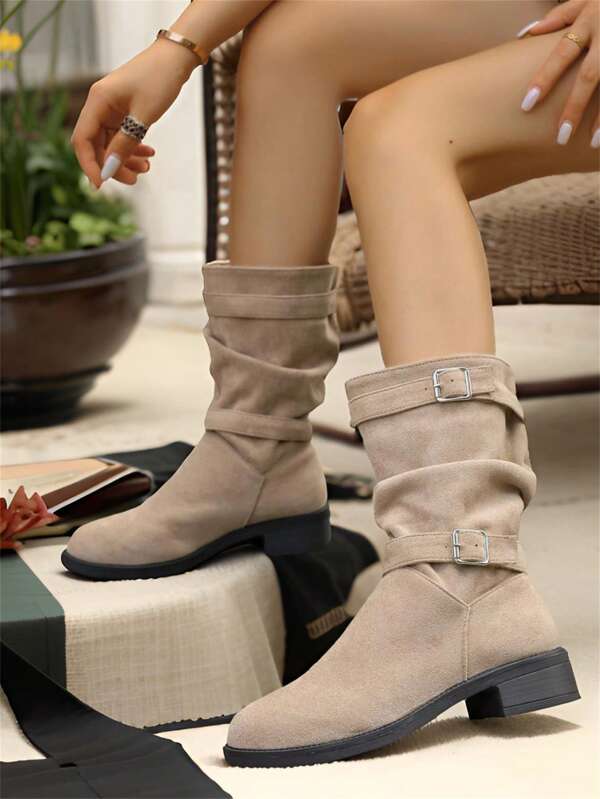 Spring/Autumn Pleated Shaft Fashion, Slip-On Convenient, Dual Strap Decor Versatile, Solid Color Elegant, Pointed Toe Women Mid-Calf Boots