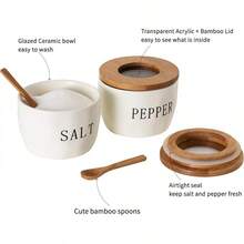 Juego de  cuencos de sal y pimienta, recipientes de cerámica para sal y pimienta con tapa y cuchara de bambú herméticos visibles, juego de salero blanco y pimienta, caja de sal, con tapa - BLANCO - Ver 3