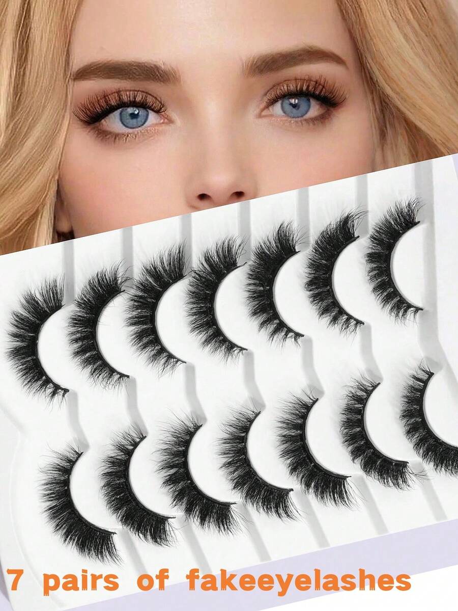 7 对自然浓密假睫毛和 1 个睫毛镊子和 2 个一次性睫毛刷，浓密卷曲蓬松睫毛，适合派对使用漫画睫毛，旅行必需品
