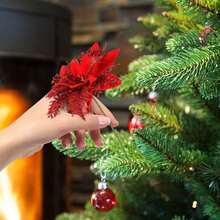 3/5pcs Artificial Christmas Red Flower 5.5" Glitter Christmas Red Flower Decor With Stem And Clip For Wreath, Christmas Tree, New Year Party, Wedding Decoration Home Decor Christmas Decorations Room Decor - Multicolor - View 5