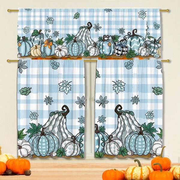 Fall Kitchen Curtains Set, Fall Decorations Blue Pumpkin Buffalo Plaid 2 Panels (27x36") + Tier (54x18"), Rod Pocket Autumn Window Curtains Set For Cafe, Living Room & Thanksgiving Kitchen Decor