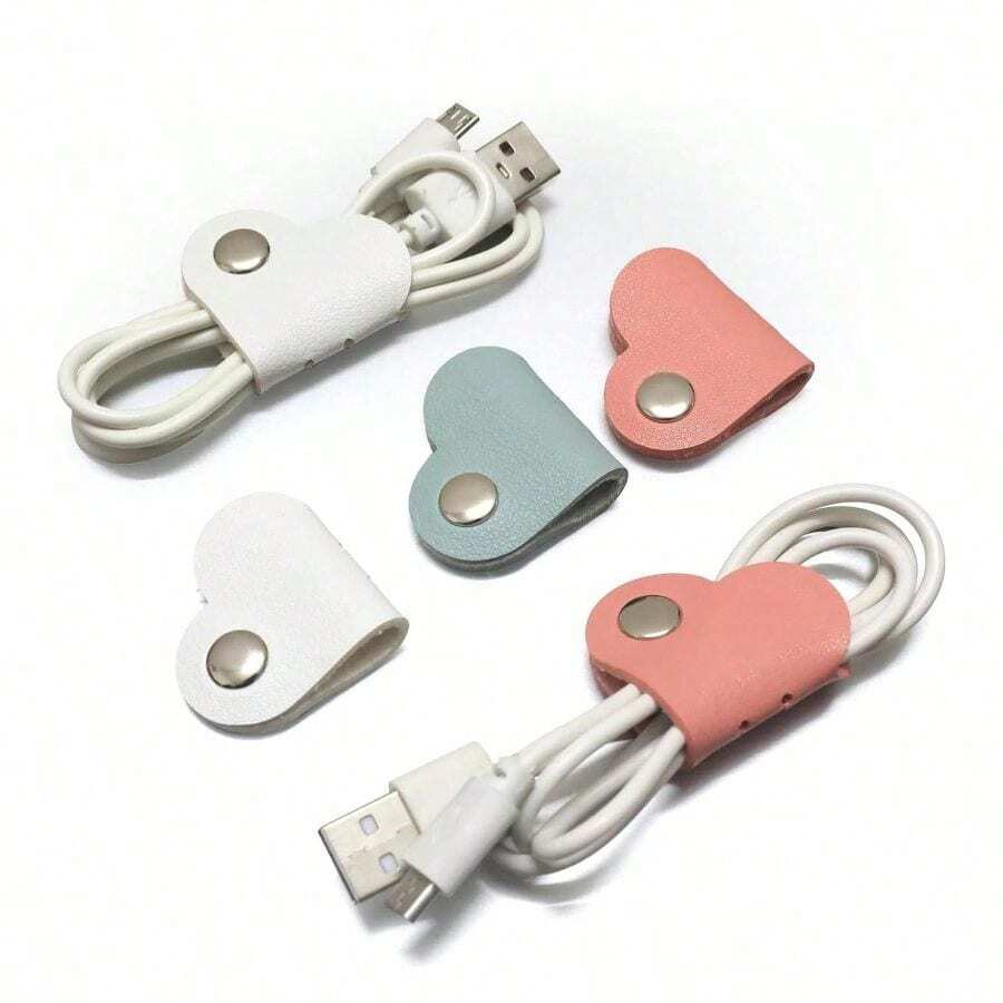 3 件心形耳机线收纳器耳机线绕线器耳机收纳器，PU 皮革耳机线收纳器，适合男女爱好者的礼物（白色、粉色、绿色），适用于办公室、宿舍和家庭使用 - 彩色 - 查看 1