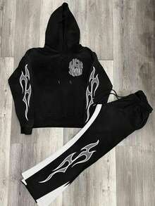 Men Y2K Streetwear Graphic Print Hoodie And Sweatpants Set, Fall Clothes