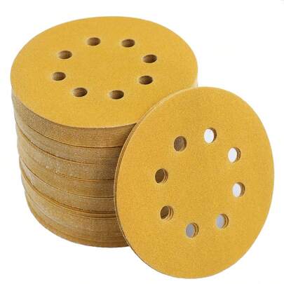 100 PCS 5 Inch 8 Hole Gold Sanding Discs 120 Grit, Sanding Pads Hook And Loop