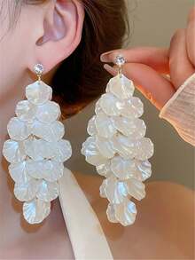 1 对复古长款紫色花卉吊坠耳环，优雅的女士珠宝，适合派对、聚会、旅行和日常佩戴 - 白色 - 查看 2